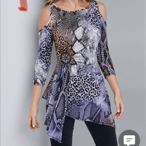 VENUS Animal Print Embellished Cold Shoulder Top